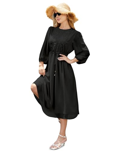 Image of Women's Casual 3 /4 Sleeve Fall Floral-Embroidered Long Dress Crew Neck Flowy Swing Dress with Pockets