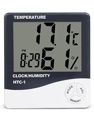 Image of HTC-1 Room Thermometer with Humidity Incubator Meter and Accurate Temperature Indicator Wall Mounting LCD Digital Clock Monitor for Indoor /Outdoor (White)