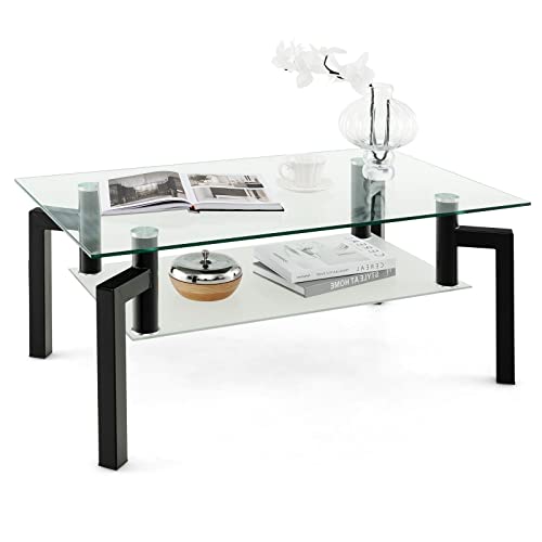 Giantex Table Basse Rectangulaire avec Plateau en Verre Trempé, Table d'Appoint à 2 Niveaux et Pieds en Tube Métallique, Design Élégant pour Salon, Balcon, Bureau, 100 x 60 x 43 cm, Noir