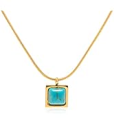 Dikixe Yellow Gold Plated Stainless Steel Pendant Necklace with Turquoise and Feather Shape, Adju...