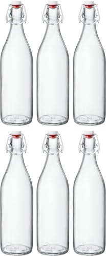 Bormioli Glasflaschen mit Bügelverschluss 'Giara' 6 teilig | Füllmenge 1000 ml | Gesamthöhe 32cm | Bügelflaschen 1L Öl-Flaschen Likörflaschen Saftflaschen Einmachflaschen