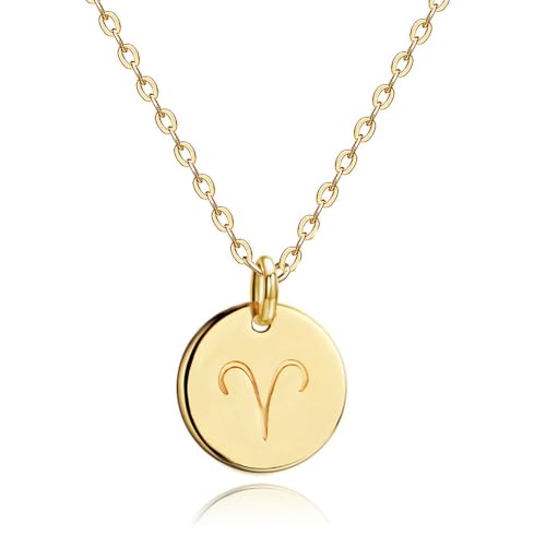 Befettly Constellation Necklace Pendant 14K Gold-Plated Hammered Round Disc Engraved Zodiac Sign Pendant 17.5 Adjustable Dainty Necklace NK- Aries