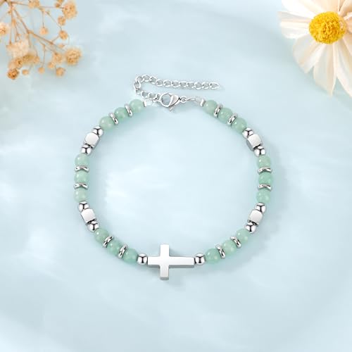 JoycuFF Christian Gifts for Women Cross Bracelet Faith Easter Catholic Religious Christian Jewelry, Meaningful Baptism Communion Natural Beads Bracelets4