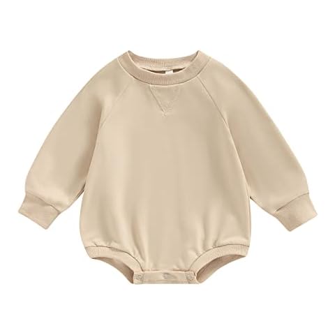 COORALLY Infant Girls Boys Sweatshirts Romper Solid Color Long Sleeve Crew Neck Pullover Bodysuit Oversized Sweater Romper (A-Khaki, 6-12 Months) Cover