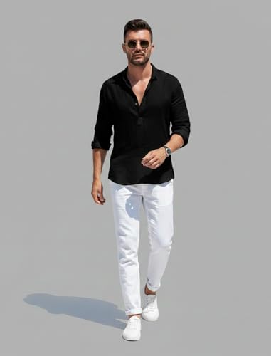 Image of Men's Cotton Blend Straight Kurta Shirt with Mandarin Collar - Slim Fit Casual Short Kurti Featuring Textured Slub Fabric and Roll-Up Full Sleeves