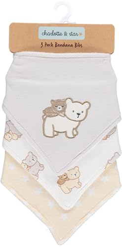 Image of Cudlie Little Beginnings 3-Pack Bandana Set for Babies, Nursery Bibs for Drooling and Teething, Burp Cloth for Infants, Teddy