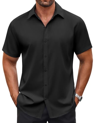 COOFANDY Mens Casual Button Down Shirts Short Sleeve Wrinkle Free Dress Shirts Summer Shirts, Black, X-Large