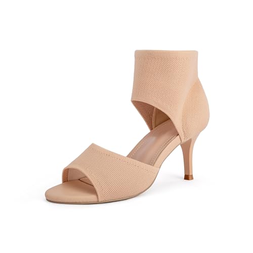 SICARE Peep Toe Heels for Women Sexy 2.7 Inches Stiletto High Heel Sandal for Women Dressy Slip On Comfortable Wide Stretchy Knit Sandal Open Toe Elastic Sandals,Nude,Size 8