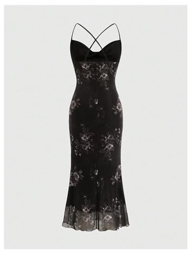 Image of SOLY HUX Women's Floral Mesh Bodycon Cami Dress Cowl Neck Sleeveless Cocktail Party Wedding Guest Long Maxi Dresses