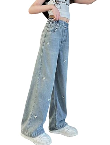 Kids Girls Jeans Casual Loose Denim Pants Heart Embroidery Straight Wide Leg Pants Children's Long Pants3
