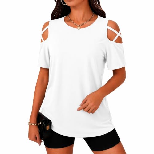 Image of Jar of Love Women's Summer Tops Short Sleeve Cold Shoulder Tops T-Shirts for Women Spring Summer Tops Loose Fit Tunic 2026