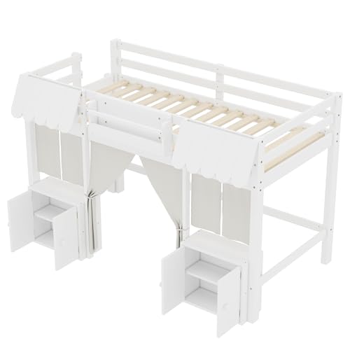 Image of Bekeknlny Twin Loft Bed with Built-in Bookshelf, Curtain, Storage Shelf and Amusement Park-Inspired Playful Design Safety Guardrails, Fairy Tale Cottage Kids Bed (White6, Twin)