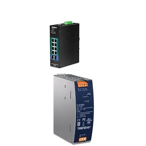 Image of TRENDnet Bundle 10-Port Industrial Gigabit L2 Managed PoE+ DIN-Rail Switch TI-PG102i, 150W 52V DC 2.89A AC to DC DIN-Rail Industrial Power Supply TI-S15052