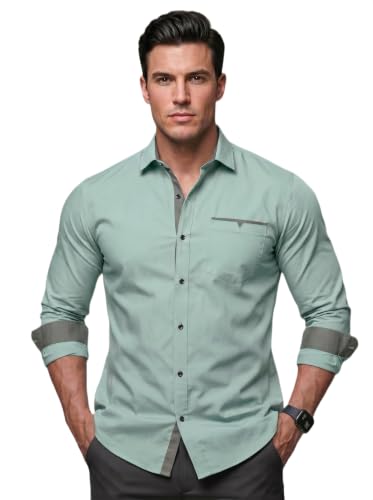 Image of Men's Cotton Blend Shirt with Solid Long Sleeves Spread Coller Neck Regular Fit Single Chest Pocket and Standard Length | Cotton Casual Shirt for Man