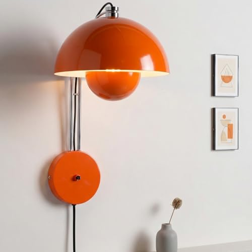 Image of Mid-Century Modern Bud Plug in Wall Sconces for Bedroom, Pastel Orange | Indirect lighting reading wall lamp, all-metal construction, plug-in or hardwired install, fits bedroom bedside, living room