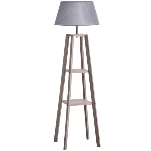 HOMCOM Stehlampe mit Regal, Skandinavische Standleuchte, Lampe, Leinen, Kiefernholz, Natur, Grau, 45 x 45 x 148 cm