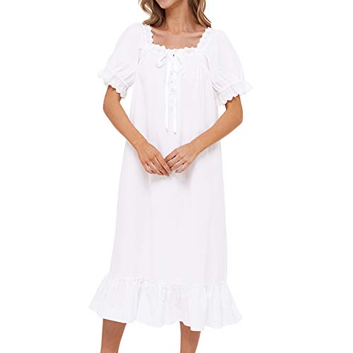 Image of Lu's Chic Women's Victorian Nightgown Cotton Sleepwear Long Loungewear Short Sleeve Vintage