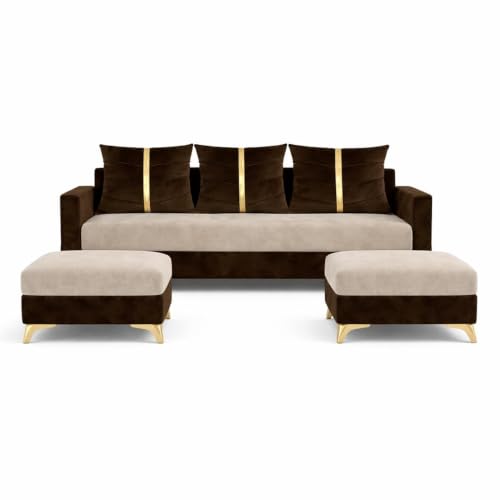 Image of Cavishq 5 Seater L Shape Sofa Set with 2 Movable Ottomans | Flexible Layout | Luxury Velvet Suede Fabric | Modern Living Room Sofa | Dark Brown-Cream