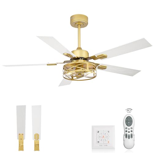 Image of YOUKAIN 48 Inch Ceiling Fans with Lights, Farmhouse Ceiling Fans with Wall Switch and Remote Control, 5-Reversible, Gold Finish, Outdoor Ceiling Fan for Cover Patio, 48-YJ632-GDW-WS