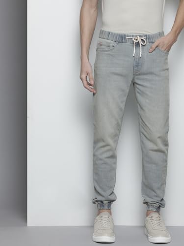Image of The Indian Garage Co Men Slim Fit Solid Mid-Rise Stretchable Denim Joggers