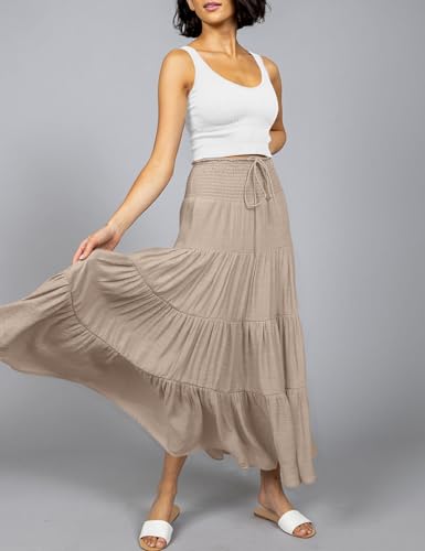 Haeof Women'S Summer Elastic High Waist Boho Maxi Skirt Casual Drawstring A Line Long Skirt Khaki Medium thumb #3