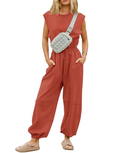 Kissonic Jumpsuits for Women Casual Crewneck Cap Sleeve Drawstring Romper