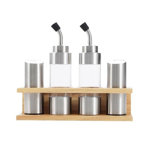 Stgbcst Lot de 4 pots à épices en acier inoxydable avec 2 bouteilles d'huile et 2 bouteilles de poudre, kit de rangement pratique pour cuisine et maison (style 2)
