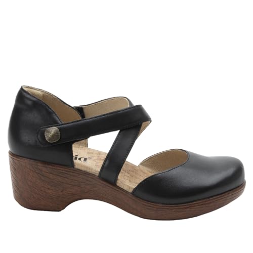 Image of Alegria Womens Savina Leather Wedge - Stylish and Versatile Mary Jane for Endless Support - Enhanced Arch Slip Resistant Platform Ankle Cross Strap Heel for Professionals