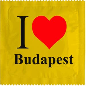 Condón humorístico, modelo Hungría, de látex fino y resistente, estampado en Francia, Capote Rigolo para hombre (I Love Budapest Amarillo)
