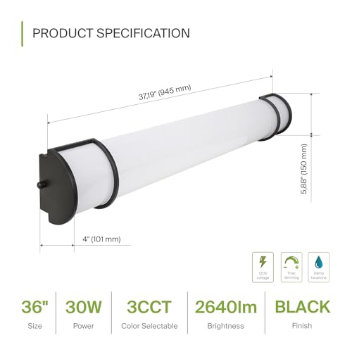 Image of ASD LED 36 inch Vanity Flush Mount Light Fixture, Linear Bathroom Lighting Bar | 3CCT, Dimmable, Energy Star, ETL Listed | 30W 2650LM 3000-5000K 120V | Long Bath Wall Sconce Over Mirror | Black, 4 Pack