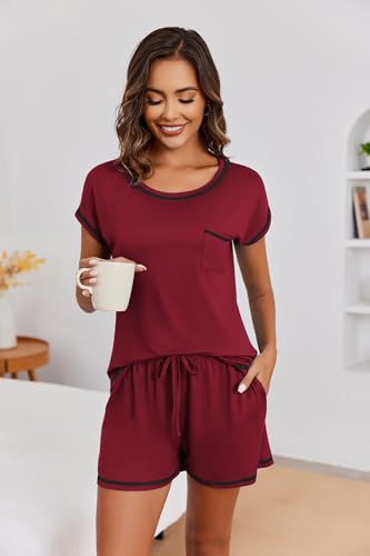 Image of Ekouaer Womens Pajama Sets 2 Piece Soft Short Sleeve Top and Shorts Sleepwear Round Neck Pjs Lounge Set with Pockets