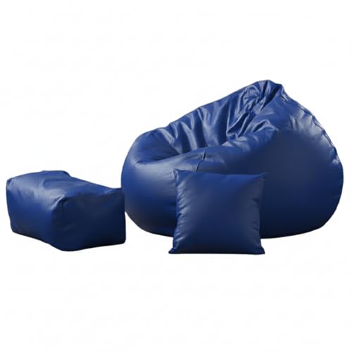 Image of Luxury 5XL Jumbo Bean Bag with Footrest & Cushion | Premium Leatherette | High-Density Beans Filled | Heavy Duty Double Stitch | 6 Months Warranty Color- (Navy Blue) (Royal Blue)