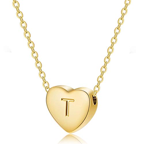 Fashion Heart Initial Necklaces for Women Girls Tiny Initial Necklaces for Women 14K Gold Filled Heart Pendant Letter Alphabet Necklace Kids Heart Letter Initial Necklace Birthday Gifts for Girls (T)