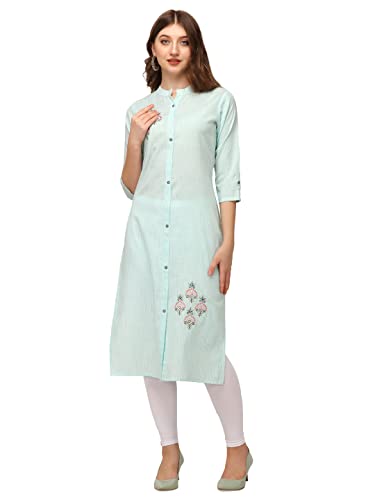 Image of PRETTIFY Women Embroidered Cotton Straight Kurta (Lightgreen)
