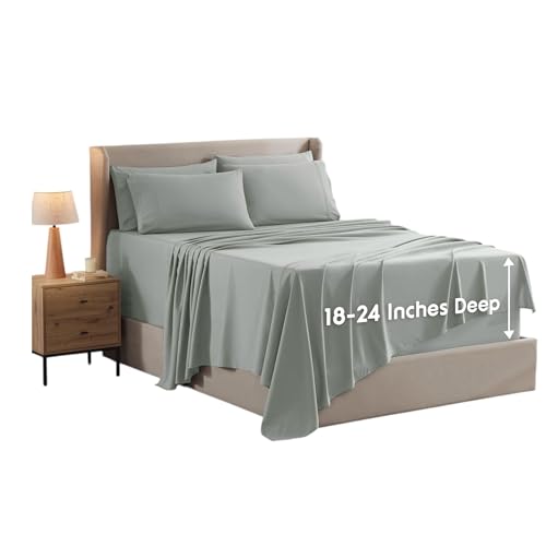 Image of Nestl Extra Deep King Sheet Set - 6 Piece Breathable & Cooling Sheets - Hotel Luxury Bedding Set w /18-24 Inch Deep Pockets - Easy & Secure Fit - Super Soft, Wrinkle Free & Comfy - Sage Green