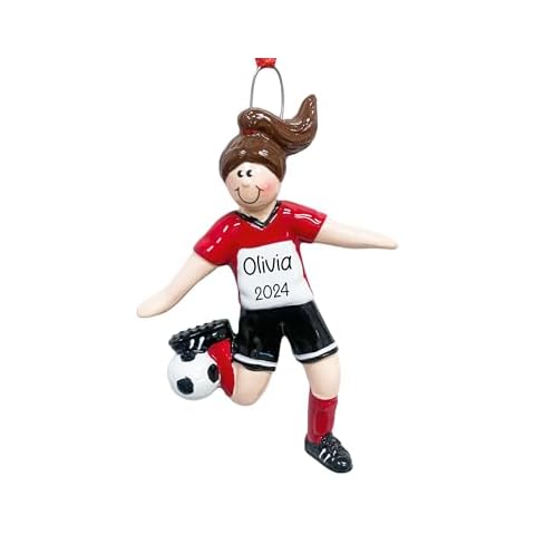 UniqXmas Personalized Soccer Girl Christmas Ornament 2024 | Female Player in Red Black Uniform Kicking The Ball for Xmas Tree | Soccer Player Coach Team Fan Keepsake Gift - Custom Name & Year Cover