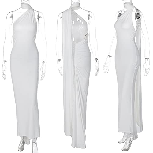 Image of Suillty Women's Sexy Oblique Shoulder Backless Maxi Dress Ruched Back Strap Sleeveless Party Club Long Dresses Bodycon