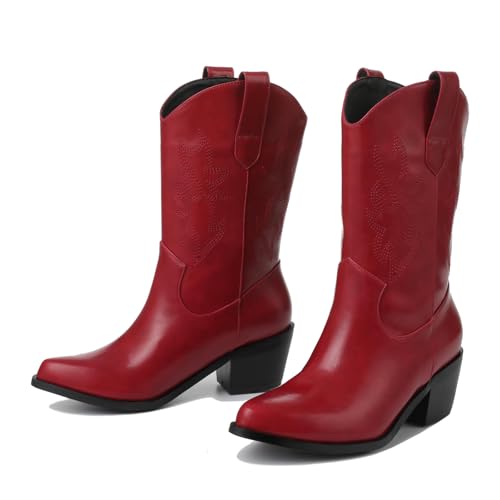 VIMISAOI Womens Cowboy Boots Comfortable Retro Pull On Pointed Toe Wide Calf Long Tall Block Chunky Heel Embroidered Western Cowgirl Mid Calf Boots3