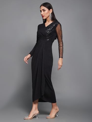 Image of Miss Chase Women's Fit and Flare Full Length Pleated V-Neck Full Sleeve Dress