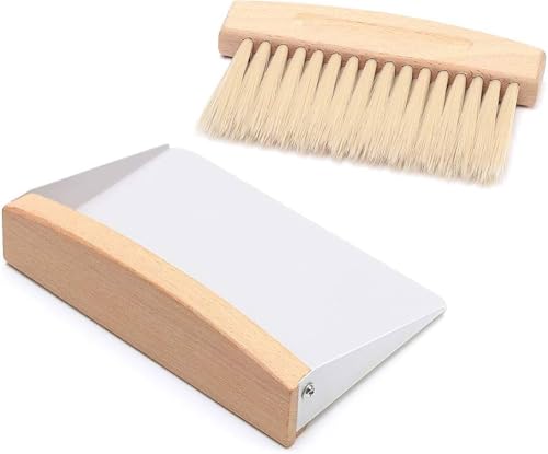 White Tabletop Dustpan and Brush Set - Portable, Wooden Mini Dust Pan and Broom Set With Magnet, For Desk and Kitchen Top Sweeping, Nylon Brush (White Dustpan)