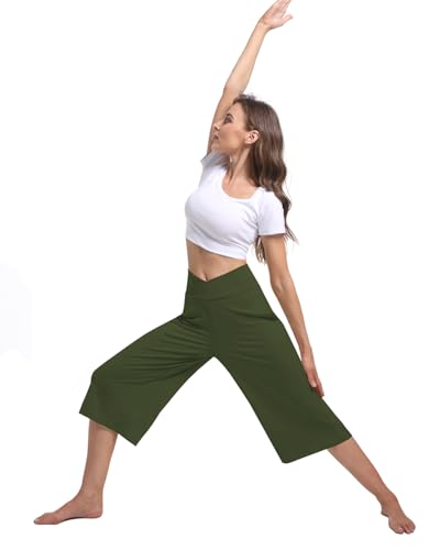 Image of Kivdol 3 Pack Womens Wide Leg Yoga Capris Crossover High Waist Casual Capri Pants Loose Soft Pajama Pockets Sweatpants