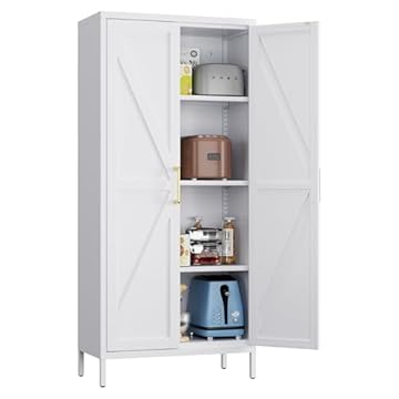 SUPEER Armadio in Metallo Multifunzionale con 3 Ripiani Regolabili, Armadio Cucina, Sgabuzzino, Credenza per Soggiorno, Ingresso 155 x 70 x 30 cm (Bianco)
