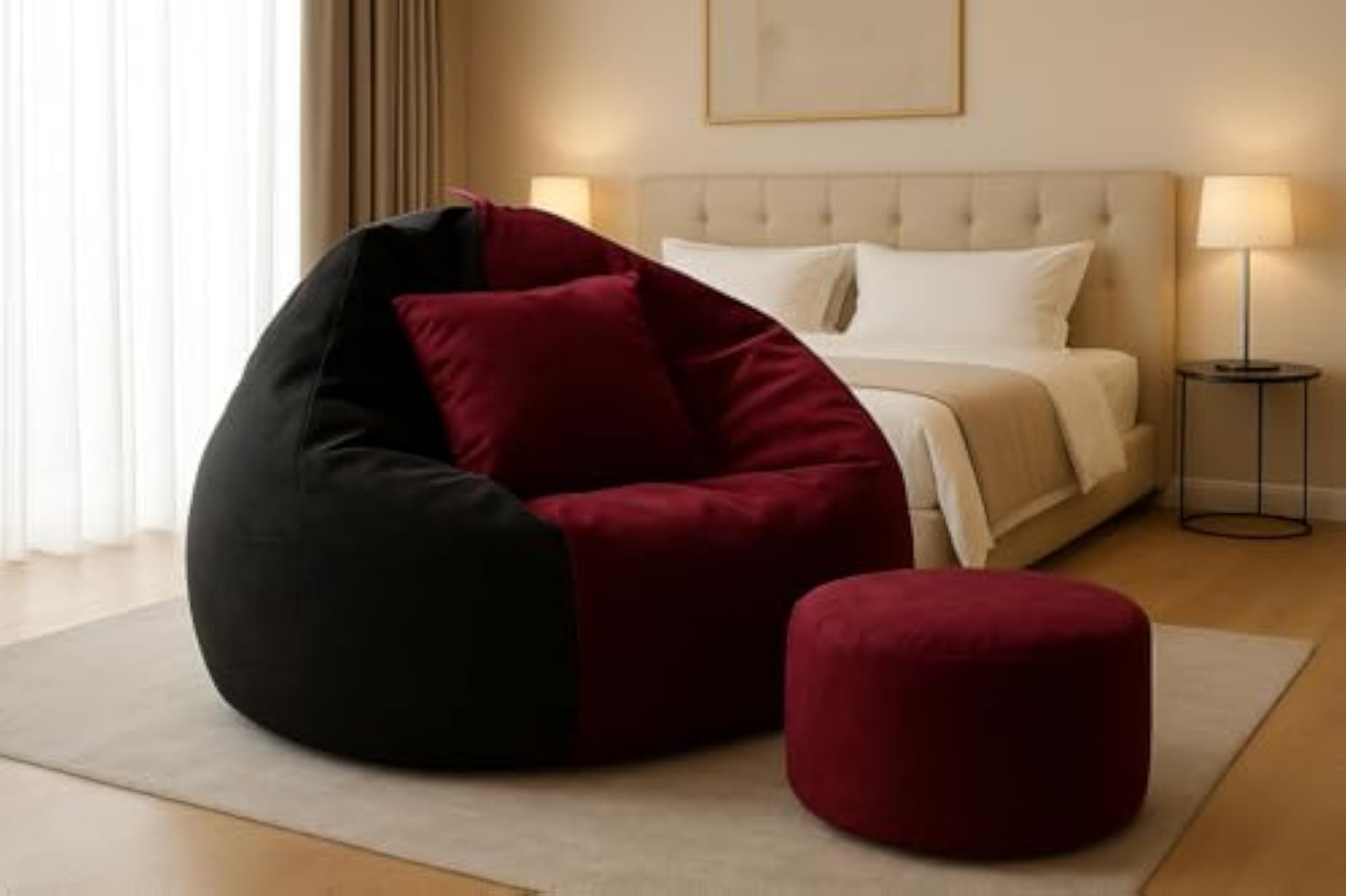 4XL Bean Bag Cover with Footrest & Cushion, Maroon & Black