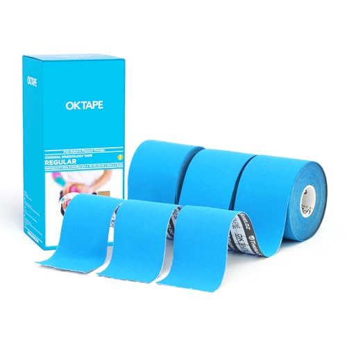 Image of OK TAPE Kinesiology Tape (3 Pack) Latex Free Cotton Uncut 2in x 16.4ft | Regular Original Elastic Water Resistant Therapeutic Athletic Tape for Support Muscle Joint Knee Injury Recovery Light Blue