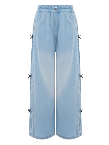 TiaoBug Kids Girls Wide Leg Jeans Elastic Waist Denim Pants Bowknot Y2k Washed Baggy Denim Trousers with Pockets3