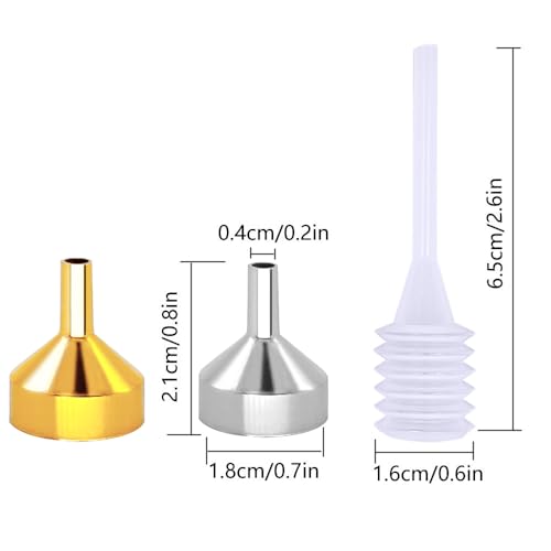 CKANDAY 10 Stück Trichter aus Metall mit 2 Mini-Pipetten und 2 Löffeln zum Befüllen von kleinen Zerstäuberflaschen Laborlotion für Pulver ätherische Öle Gold/Silber