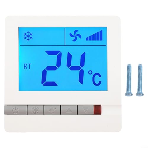 Oniissy Termostato digital LCD con gran pantalla de retroiluminación azul para bobinas de ventilador y sistemas centrales de aire acondicionado, controlador blanco no programable con