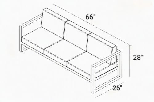 Image of Modern 3-Seater Outdoor Sofa with White Cushions, Black Metal Set Upon a Sturdy Black Metal Geometric Base Frame.