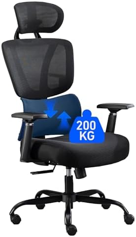 Chaise de Bureau Ergonomique, Maille Respirante, avec Support Lombaire Réglable/Appuie-tête/3D-Accoudoi, Fonction Bascule/Charge de 200 kg