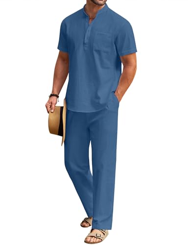 COOFANDY Men's 2 Pieces Cotton Linen Set Casual Short Sleeve Henley Shirts Beach Yoga Pants Summer Outfits